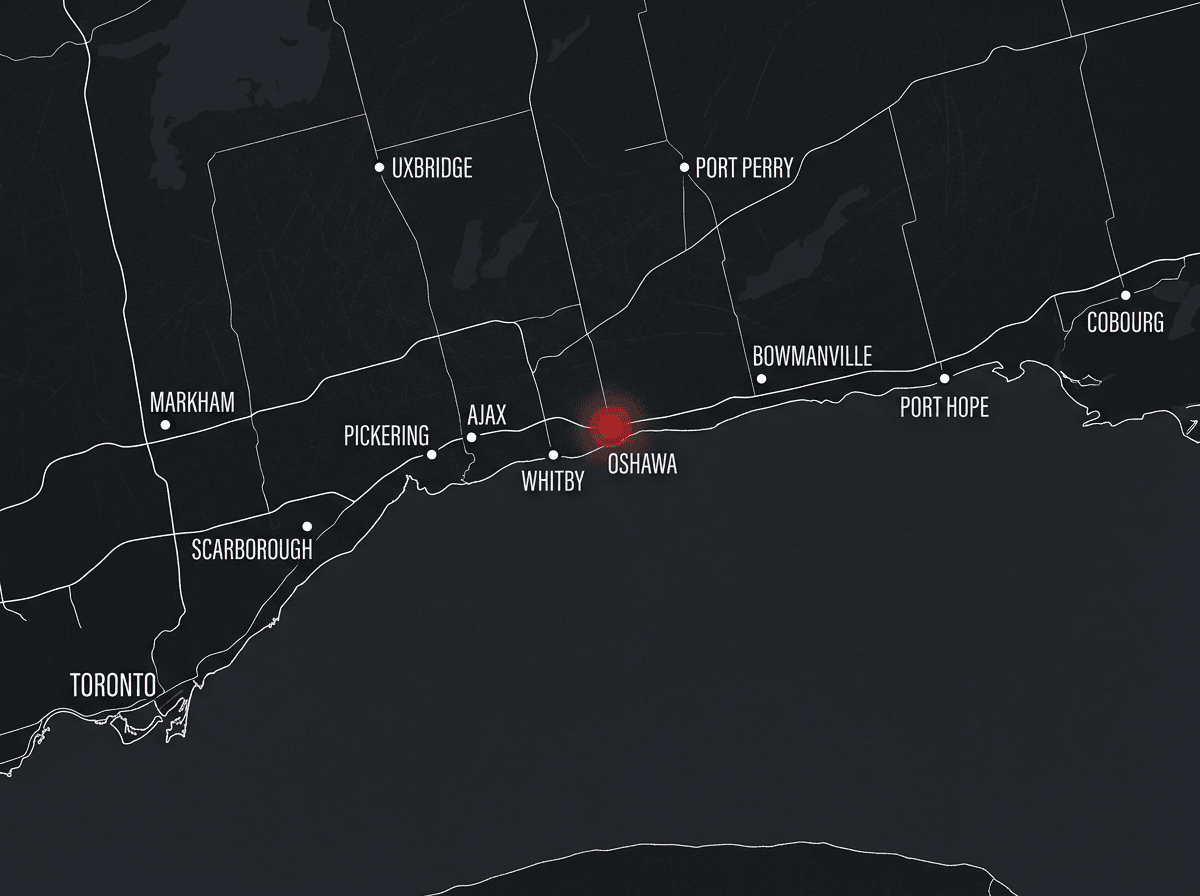 Illustrated map of Durham Region, the east GTA and Northumberland with Oshawa marked as PWG's home rink